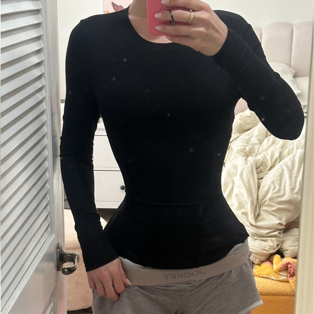 Ta3 Shapey Crew Neck Lace Corset Shapewear Long Sleeve Shirt Top Black